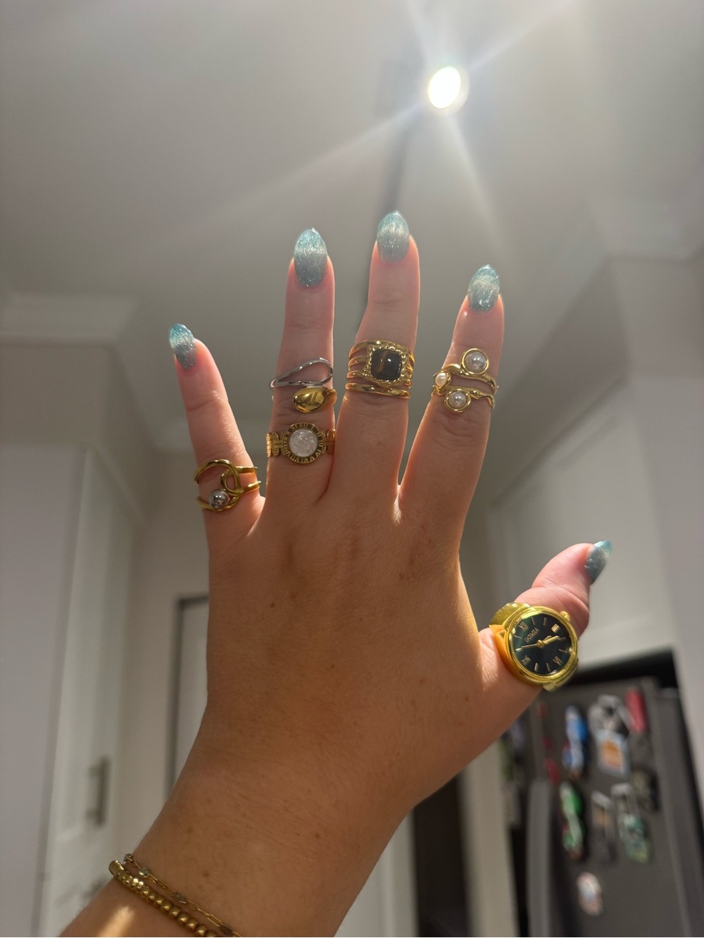 Gold Stackable Rings and Watch ring (works) Set -adjustable